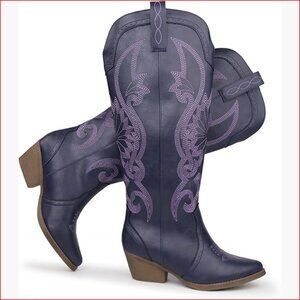 Women's Faux Leather Embroidered Western Boots Slip On Pointed Toe Block Heel